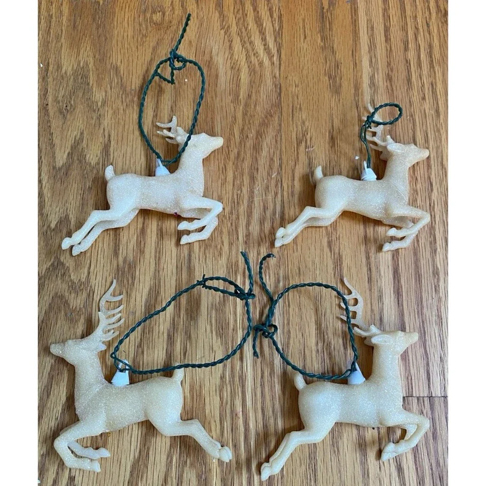 Vintage Christmas Reindeer Blow Mold Ivory Glitter String Light Ornaments Lot 4